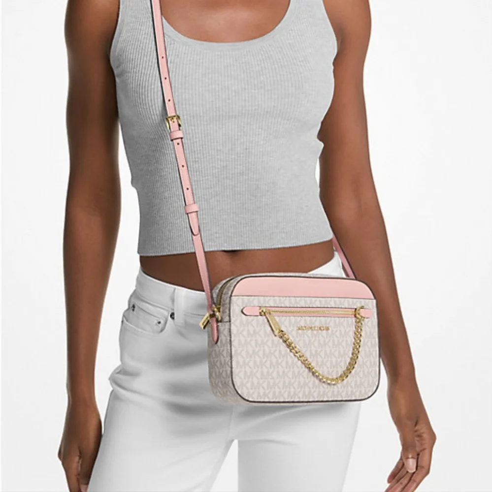 NWT Michael Kors Jet Set Large Pink White Logo Coated Canvas Crossbody Bag Purse - Picture 13 of 13